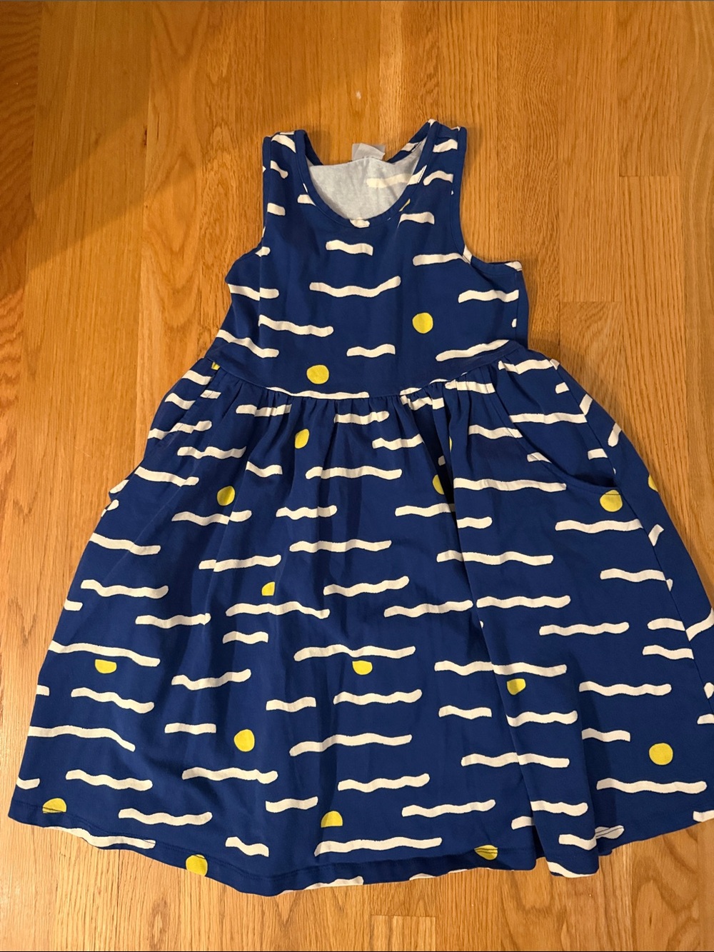 Hanna Andersson Royal Blue Tank Dress with White Wave Stripes & Yellow sunset